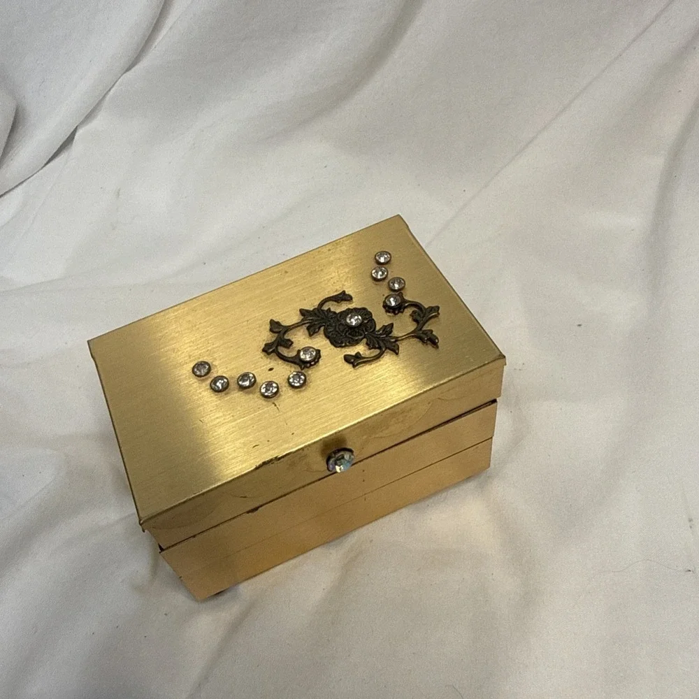 Vintage Brass Travel Rhinestone Jewelry Box Gold Tone New York Regency Fold
